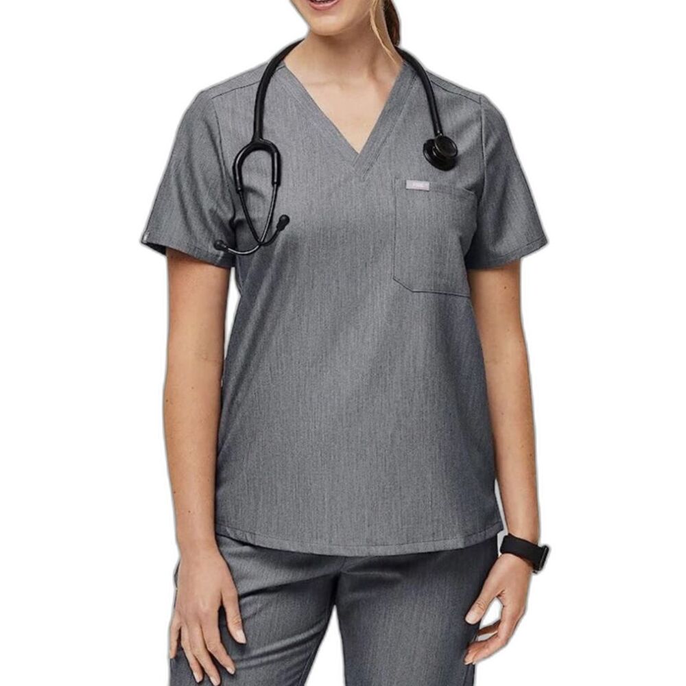 Figs Women's Gray V-neck Short Sleeve Scrubs Top Size S